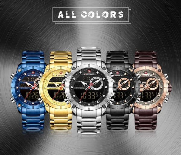 Planet Gates BEBE NAVIFORCE 9163 Luxury Original Sport Wrist Watch For Men Quartz Steel Waterproof Dual Display Military Watches Relogio Masculino