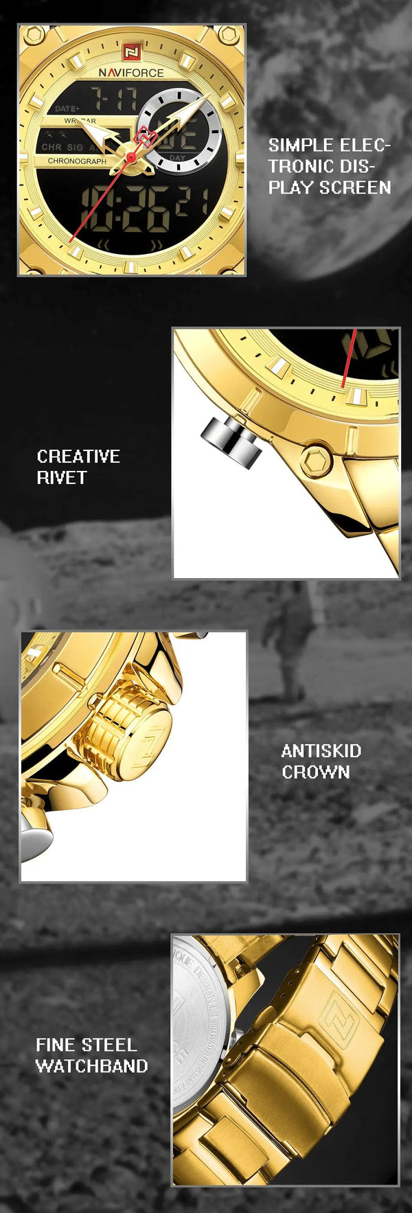 Planet Gates BEBE NAVIFORCE 9163 Luxury Original Sport Wrist Watch For Men Quartz Steel Waterproof Dual Display Military Watches Relogio Masculino