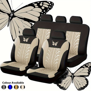 Planet Gates Beige Car Seat Cover Full Set, Red Universal Butterfly Pattern Embroidery Auto Seat Cover Set