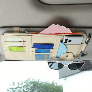 Planet Gates Beige Car Sun Visor Organizer, Multifunctional Storage Bag Car Glasses Clip Storage Bag Sunglasses Holder With Zipper Pouch Car Interior Accessories