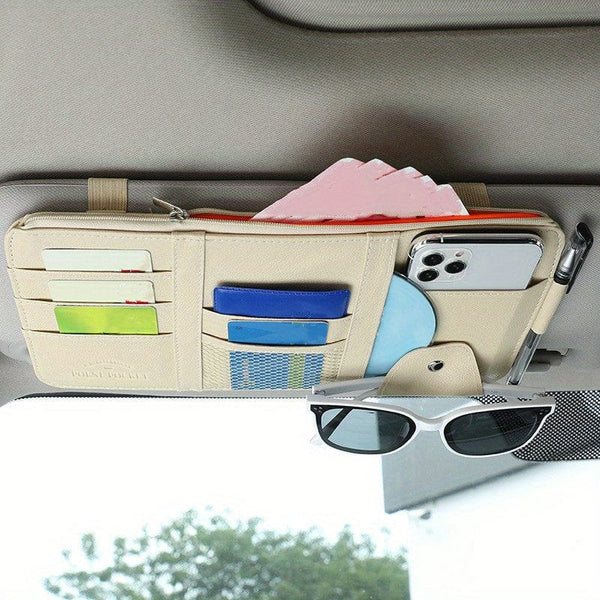 Planet Gates Beige Car Sun Visor Organizer, Multifunctional Storage Bag Car Glasses Clip Storage Bag Sunglasses Holder With Zipper Pouch Car Interior Accessories
