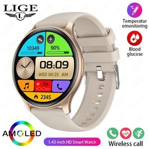 Planet Gates beige / CHINA LIGE New Smartwatch Women 466*466 AMOLED 1.43" HD Screen Blood Glucose Monitor Bluetooth Call IP68 Waterproof Sports Smart Watch