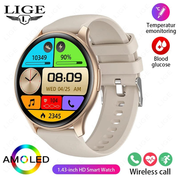 Planet Gates beige / CHINA LIGE New Smartwatch Women 466*466 AMOLED 1.43" HD Screen Blood Glucose Monitor Bluetooth Call IP68 Waterproof Sports Smart Watch