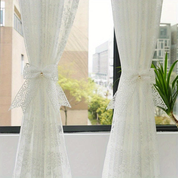 Planet Gates Beige Color 1 Pair Of Lace Bow Curtain Tieback, Curtain Ties, French Gauze Curtain Ties, Korean Aesthetic Ties, Tie Up Decorations, White Beige Curtain Holdback For Bedroom Living Room Home Decor