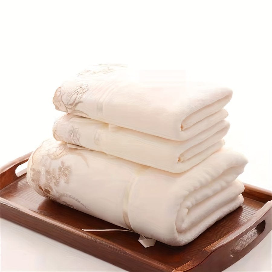 Planet Gates Yellow / 140x70cmx1pc+75x35cmx2pcs 3pcs Lace Embroidery Towel Set, Household Microfiber Towel, Soft Absorbent Hand Towel Bath Towel, Bath Linen Sets For Bathroom, 1 Bath Towel & 2 Hand Towel, Bathroom Supplies, Bathroom Accessories