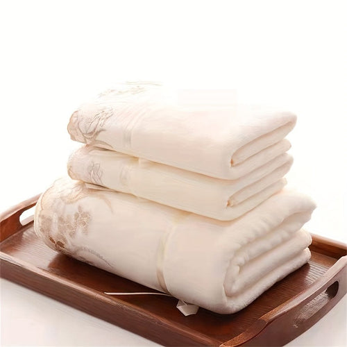 Planet Gates Beige Color / 140x70cmx1pc+75x35cmx2pcs 3pcs Lace Embroidery Towel Set, Household Microfiber Towel, Soft Absorbent Hand Towel Bath Towel, Bath Linen Sets For Bathroom, 1 Bath Towel & 2 Hand Towel, Bathroom Supplies, Bathroom Accessories