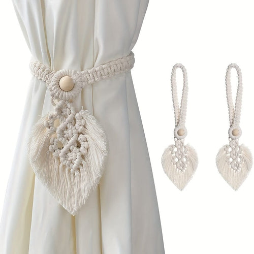 Planet Gates Beige Color 2pcs Bohemian Woven Leaf Curtain Ties Curtain Tieback Curtain Holdback For Bedroom Living Room Home Decor, 40.01*13.0cm