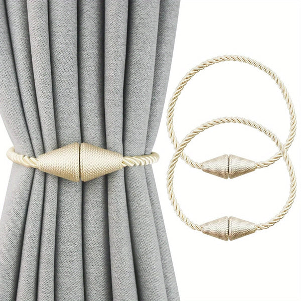 Planet Gates Beige Color 2pcs Modern Magnetic Curtain Tiebacks - Handmade Weave Holdbacks for Bedroom and Living Room - Easy to Use and Stylish Home Decor