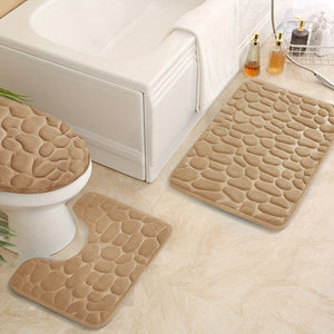 Planet Gates Beige Color 3pcs/set, Memory Foam Bathroom Rugs Set, Cobblestone Embossed Ultra Soft Non-Slip Bath Rug & Absorbent Bath Mat Carpets, Includes U-Shaped Contour Rug, Perfect For Bathroom/Shower, Bathroom Supplies