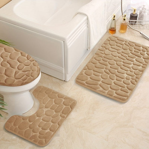 Planet Gates Beige Color 3pcs/set, Memory Foam Bathroom Rugs Set, Cobblestone Embossed Ultra Soft Non-Slip Bath Rug & Absorbent Bath Mat Carpets, Includes U-Shaped Contour Rug, Perfect For Bathroom/Shower, Bathroom Supplies
