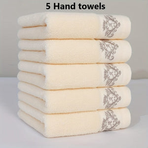 Planet Gates Beige Color 5pcs 100% Cotton Thickened Face Towel, Premium Monogrammed Embroidery Hand Towel, Perfect For Men And Women, Bathroom Supplies, Home Supplies