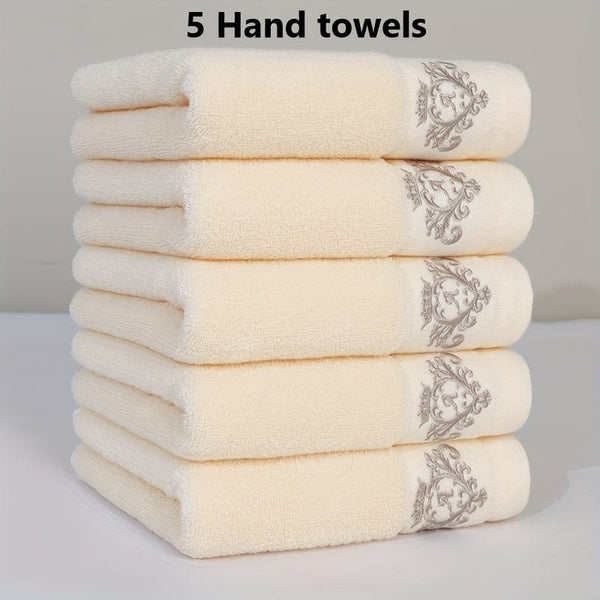 Planet Gates Beige Color 5pcs 100% Cotton Thickened Face Towel, Premium Monogrammed Embroidery Hand Towel, Perfect For Men And Women, Bathroom Supplies, Home Supplies