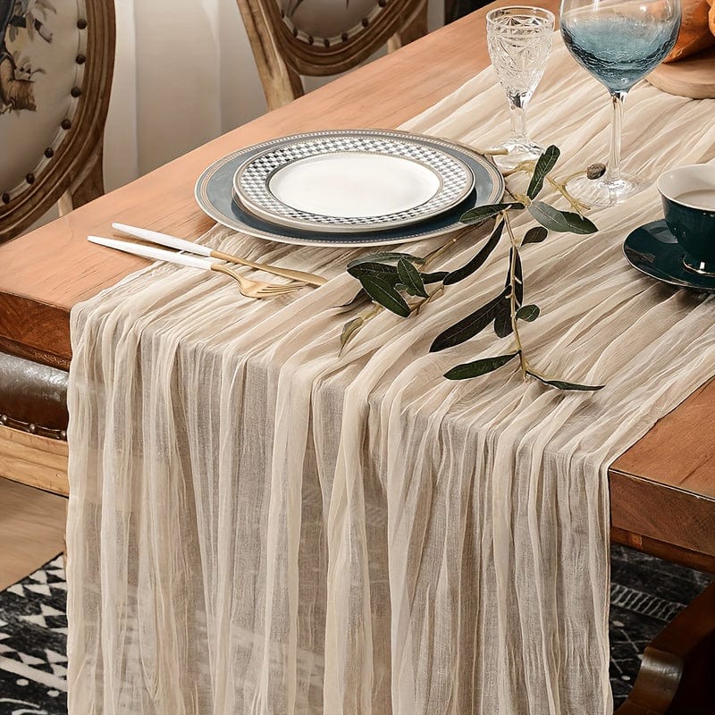Planet Gates Beige Color / 90*180cm(35.4*70.9in) 1pc, Table Runner, Balinese Pleated Atmospheric Table Runner, Elegant Solid Color Cheesecloth Table Cover, Holiday Desktop Decoration Fabric Table Runner, Home Decoration, Dining Table Decor, Room Decor, Wedding Decor