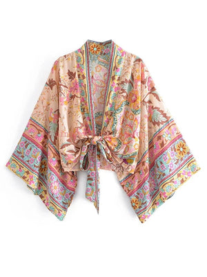 Planet Gates beige / M Boho Vintage Floral Print Beach Summer Short Kimono Women Fashion Ladies Casual V Neck Batwing Sleeves Bohemian Cover-ups