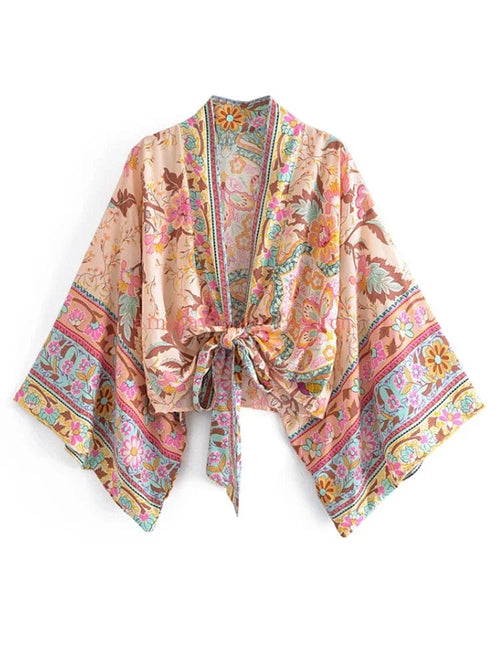 Planet Gates beige / M Boho Vintage Floral Print Beach Summer Short Kimono Women Fashion Ladies Casual V Neck Batwing Sleeves Bohemian Cover-ups