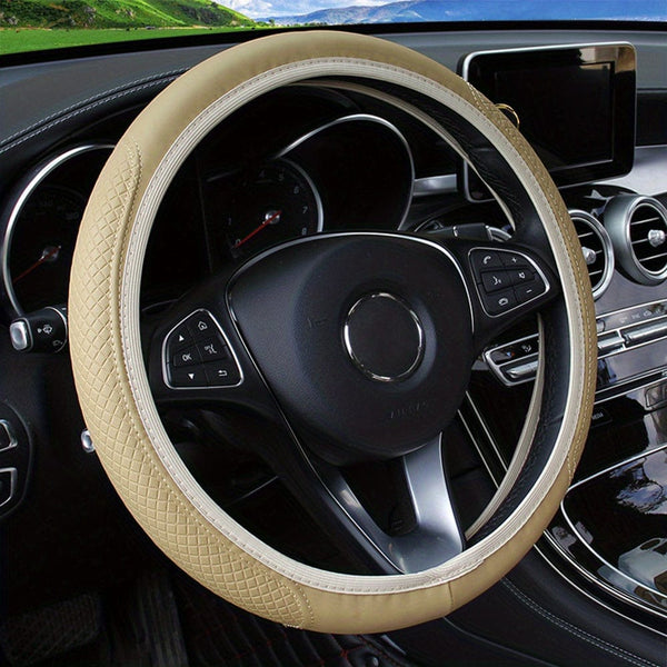 Planet Gates Beige No Inner Ring Car Steering Wheel Cover PU Leather Embossed 3D Comfortable Soft Suitable For 37-38CM Outer Diameter Steering Wheel Car Accessories