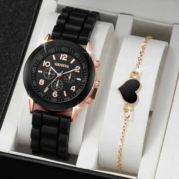Planet Gates BK-2AX 5/2PCS Set Luxury Watch Women Ring Necklace Earrings Rhinestone Wristwatch Female Casual Ladies Watches Bracelet Clock (No Box)