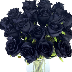 Planet Gates Black 10 Pcs Fake Roses Artificial Flowers, Roses Artificial Faux Flowers With Stems, Suitable For Home Wedding Centerpiece Hotel Office Decor, Valentine's Day For Home Ornament, Proposal Arrangement, Wedding Room