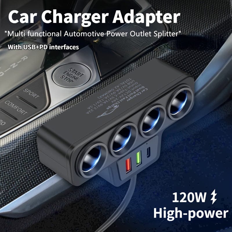 Planet Gates Black 1pc 12V 24V Universal Car Charging Plug With One To Four QC3.0+USB+PD Fast Charging Interface