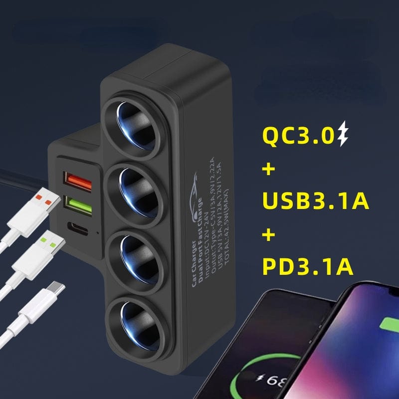 Planet Gates Black 1pc 12V 24V Universal Car Charging Plug With One To Four QC3.0+USB+PD Fast Charging Interface