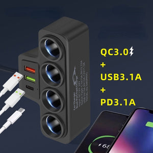 Planet Gates Black 1pc 12V 24V Universal Car Charging Plug With One To Four QC3.0+USB+PD Fast Charging Interface