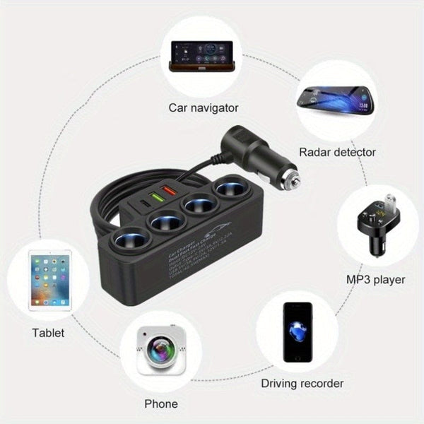 Planet Gates Black 1pc 12V 24V Universal Car Charging Plug With One To Four QC3.0+USB+PD Fast Charging Interface