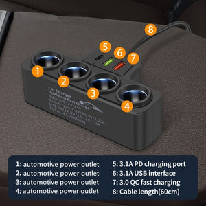 Planet Gates Black 1pc 12V 24V Universal Car Charging Plug With One To Four QC3.0+USB+PD Fast Charging Interface