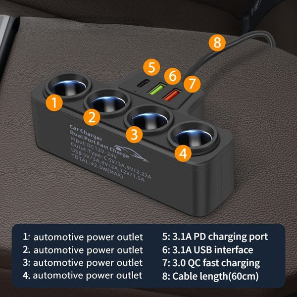 Planet Gates Black 1pc 12V 24V Universal Car Charging Plug With One To Four QC3.0+USB+PD Fast Charging Interface