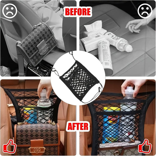 Planet Gates Black / 1pc 3-Layer Car Mesh Organizer, Seat Back Net Bag, Barrier Of Backseat Pet Kids Dog, Universal For Car, SUV, Cargo Tissue Purse Holder-Driver Storage Net