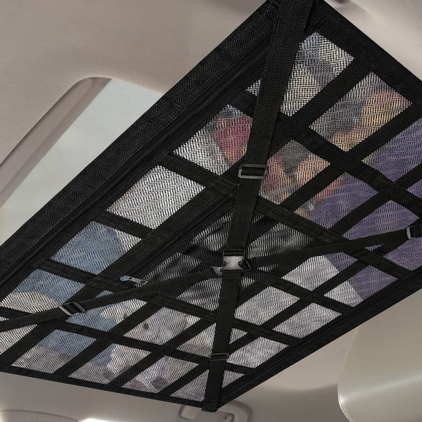 Planet Gates Black / 1pc Car Ceiling Cargo Net Pocket, Adjustable Cross Strap Strengthen Load Car Ceiling Storage Net, Double Layer Mesh Car Organizer With Zipper