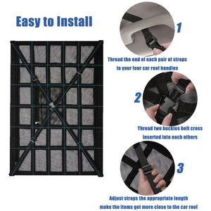 Planet Gates Black / 1pc Car Ceiling Cargo Net Pocket, Adjustable Cross Strap Strengthen Load Car Ceiling Storage Net, Double Layer Mesh Car Organizer With Zipper