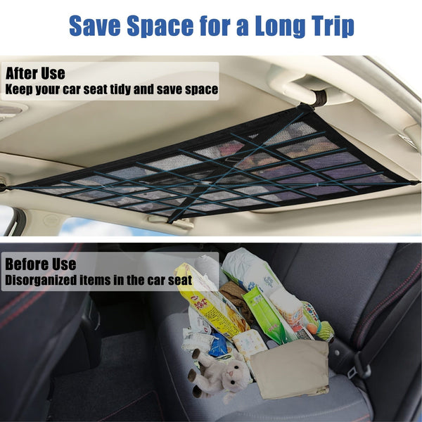 Planet Gates Black / 1pc Car Ceiling Cargo Net Pocket, Adjustable Cross Strap Strengthen Load Car Ceiling Storage Net, Double Layer Mesh Car Organizer With Zipper