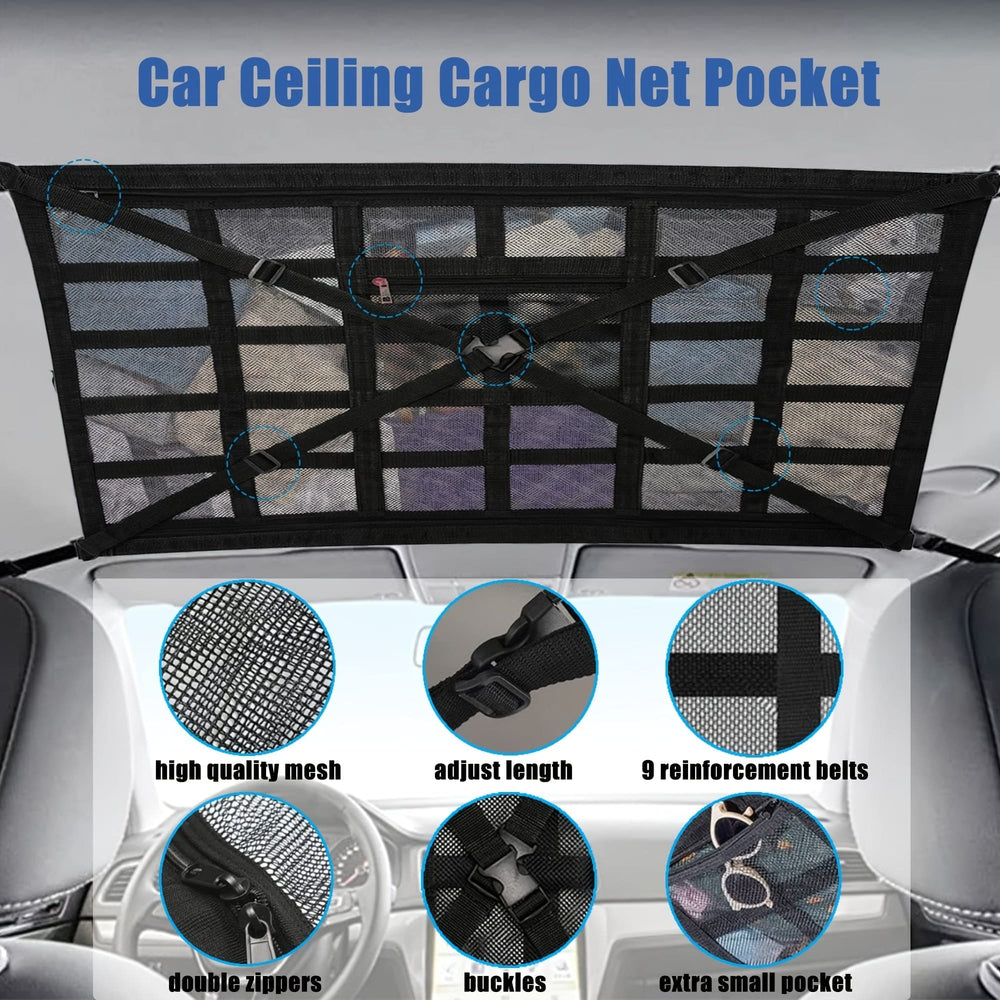 Planet Gates Black / 1pc Car Ceiling Cargo Net Pocket, Adjustable Cross Strap Strengthen Load Car Ceiling Storage Net, Double Layer Mesh Car Organizer With Zipper