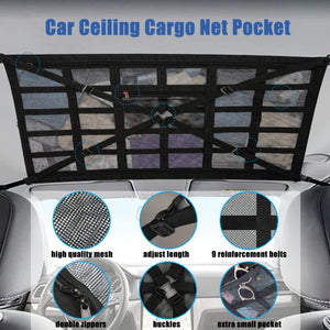 Planet Gates Black / 1pc Car Ceiling Cargo Net Pocket, Adjustable Cross Strap Strengthen Load Car Ceiling Storage Net, Double Layer Mesh Car Organizer With Zipper