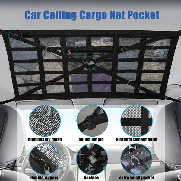 Planet Gates Black / 1pc Car Ceiling Cargo Net Pocket, Adjustable Cross Strap Strengthen Load Car Ceiling Storage Net, Double Layer Mesh Car Organizer With Zipper