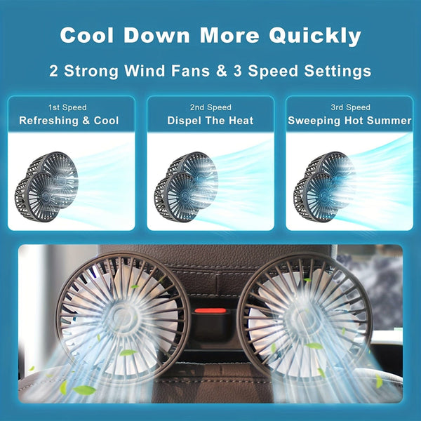Planet Gates Black 1pc Car Fan, Car Small Air Conditioner, Double-headed Rear Fan, Strong Wind, 360 Degrees Rotation, Large Air Volume, Subwoofer Operation, Base Fixed Clip Mounting Method, Suitable For Car Home