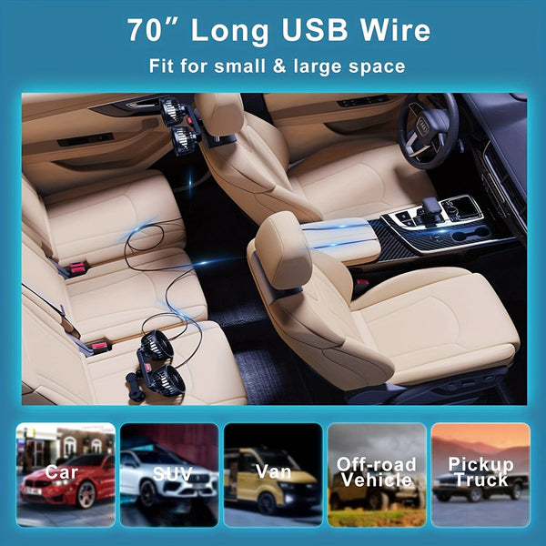 Planet Gates Black 1pc Car Fan, Car Small Air Conditioner, Double-headed Rear Fan, Strong Wind, 360 Degrees Rotation, Large Air Volume, Subwoofer Operation, Base Fixed Clip Mounting Method, Suitable For Car Home