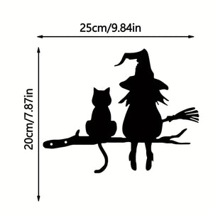 Planet Gates Black 1pc Iron Silhouette Cute Witch And Cat Garden Stake On The Branch Yard Art Decor, Tree Stump Plug-in, For Garden Lawn Courtyard