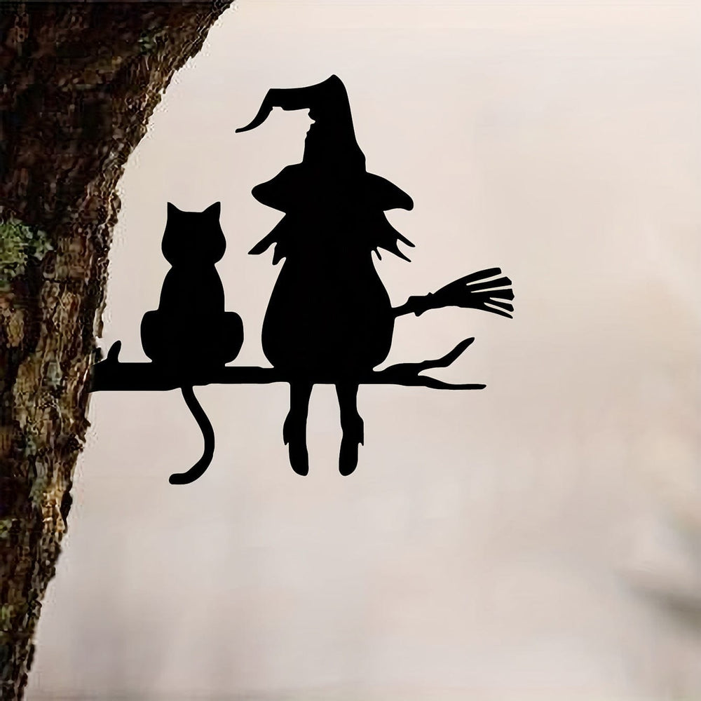 Planet Gates Black 1pc Iron Silhouette Cute Witch And Cat Garden Stake On The Branch Yard Art Decor, Tree Stump Plug-in, For Garden Lawn Courtyard