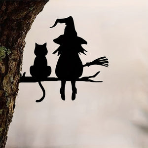 Planet Gates Black 1pc Iron Silhouette Cute Witch And Cat Garden Stake On The Branch Yard Art Decor, Tree Stump Plug-in, For Garden Lawn Courtyard