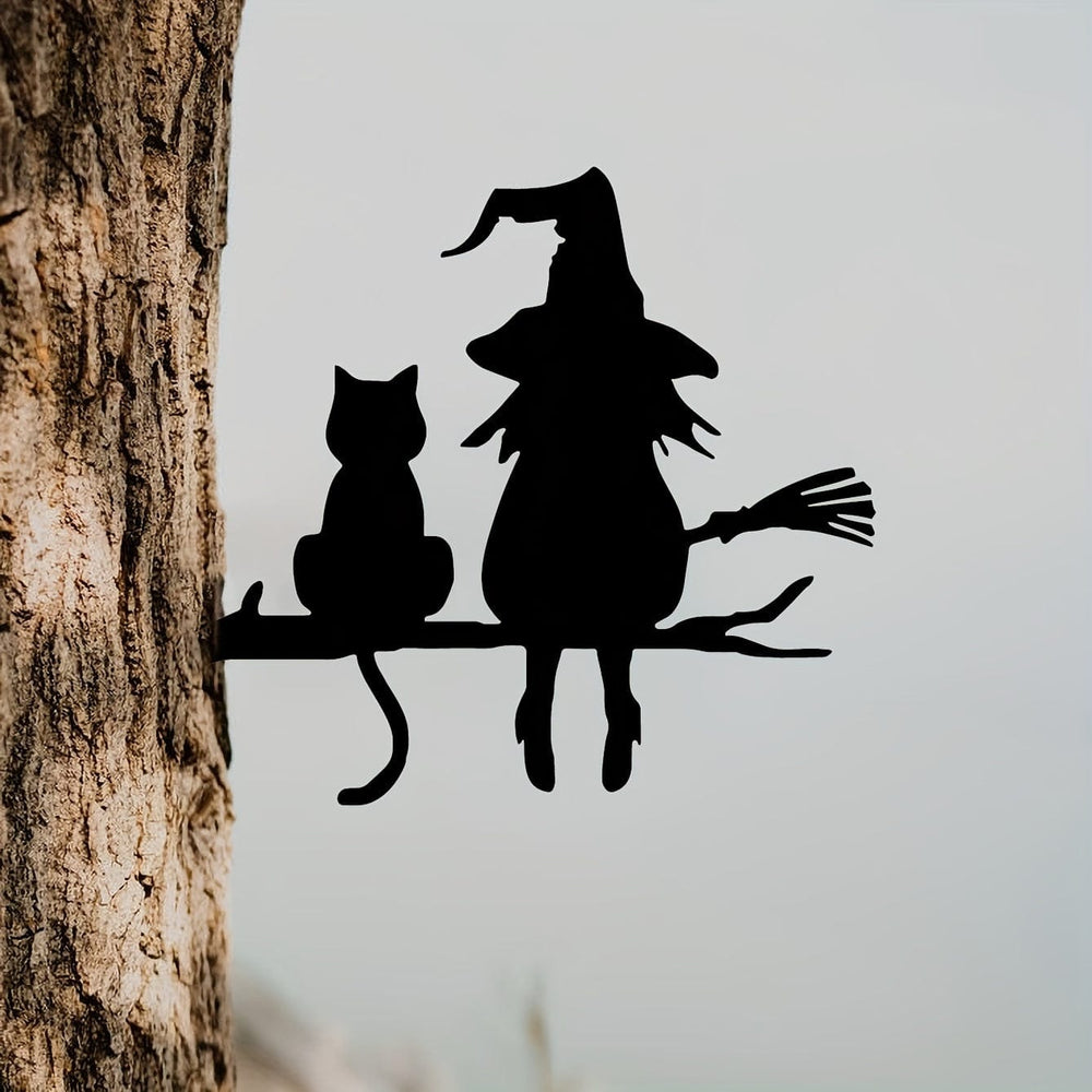 Planet Gates Black 1pc Iron Silhouette Cute Witch And Cat Garden Stake On The Branch Yard Art Decor, Tree Stump Plug-in, For Garden Lawn Courtyard