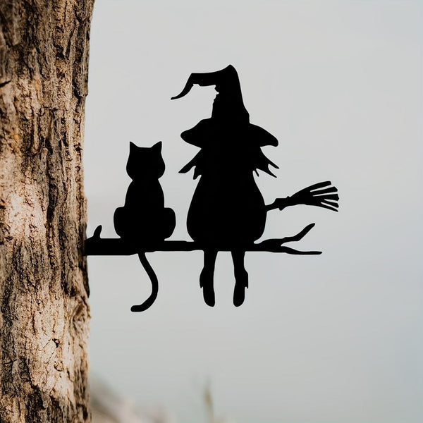 Planet Gates Black 1pc Iron Silhouette Cute Witch And Cat Garden Stake On The Branch Yard Art Decor, Tree Stump Plug-in, For Garden Lawn Courtyard