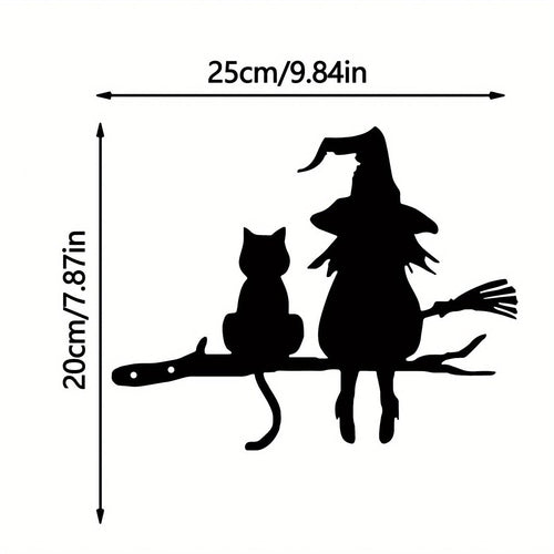 Planet Gates Black 1pc Iron Silhouette Cute Witch And Cat Garden Stake On The Branch Yard Art Decor, Tree Stump Plug-in, For Garden Lawn Courtyard