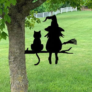 Planet Gates Black 1pc Iron Silhouette Cute Witch And Cat Garden Stake On The Branch Yard Art Decor, Tree Stump Plug-in, For Garden Lawn Courtyard