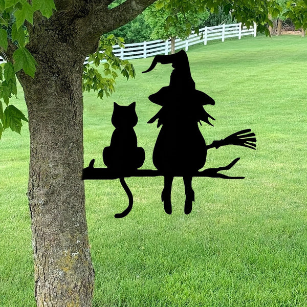 Planet Gates Black 1pc Iron Silhouette Cute Witch And Cat Garden Stake On The Branch Yard Art Decor, Tree Stump Plug-in, For Garden Lawn Courtyard