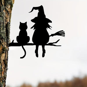 Planet Gates Black 1pc Iron Silhouette Cute Witch And Cat Garden Stake On The Branch Yard Art Decor, Tree Stump Plug-in, For Garden Lawn Courtyard