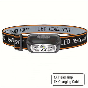 Planet Gates Black 1pc Mini Induction Headlamp USB Rechargeable, LED Sensor Torch With Built In Battery - Perfect For Fishing, Camping & Riding