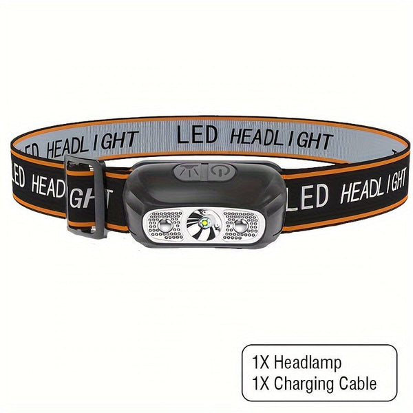 Planet Gates Black 1pc Mini Induction Headlamp USB Rechargeable, LED Sensor Torch With Built In Battery - Perfect For Fishing, Camping & Riding