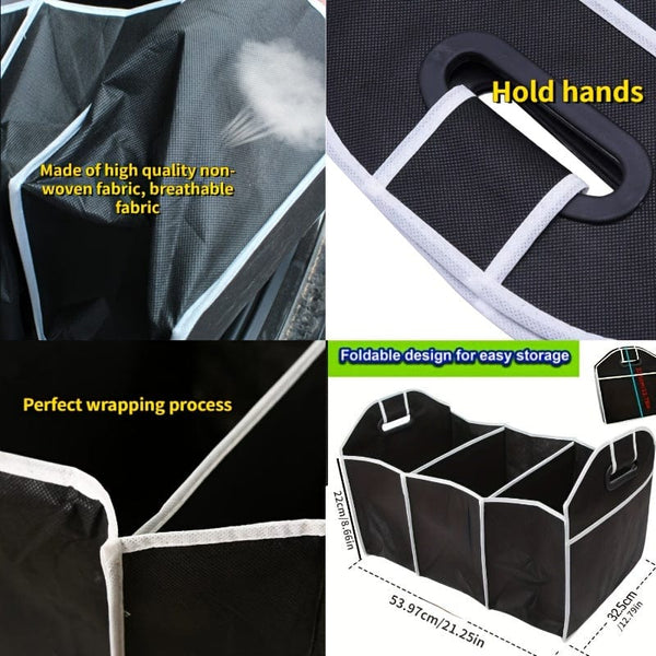 Planet Gates Black 1pc Universal Car Trunk Organizer, Portable Foldable Waterproof Auto Storage Bag With 3 Compartments, For SUV, Truck, Van, Sedan