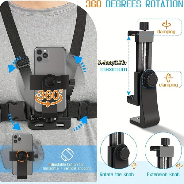 Planet Gates Black 1pc Universal Cell Phone Chest Mount Harness Strap Holder, Outdoor Smartphone POV Video Mobile Phone Clip, Mobile Phone Holder Chest Strap Bracket